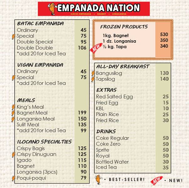 Menu at Empanada Nation restaurant, Pasig