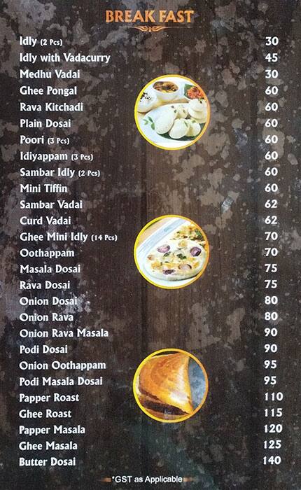 Parvathy Bhavan menu