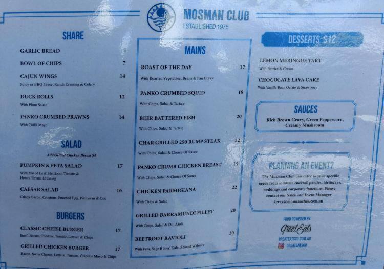 Mosman RS Club menu, Menu restauracji Mosman RS Club, Mosman, Sydney ...