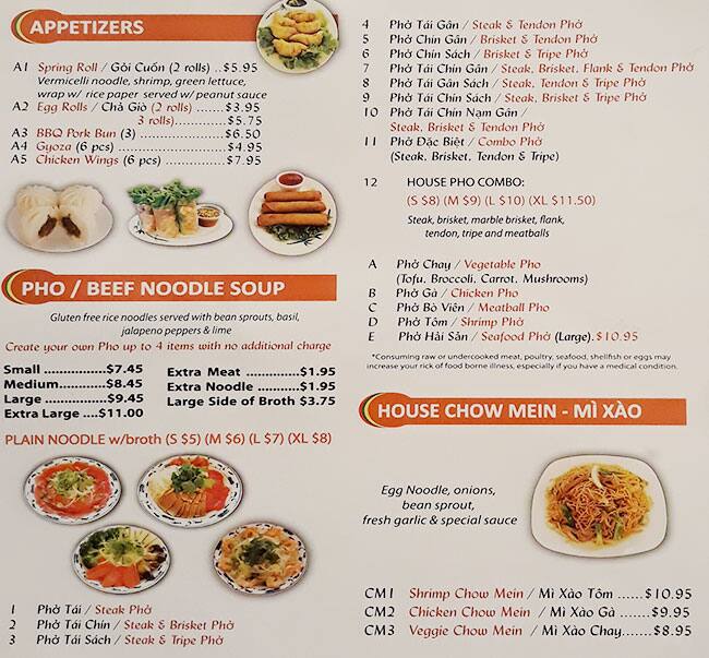 Menu at Pho Mai Noodles restaurant, Everett