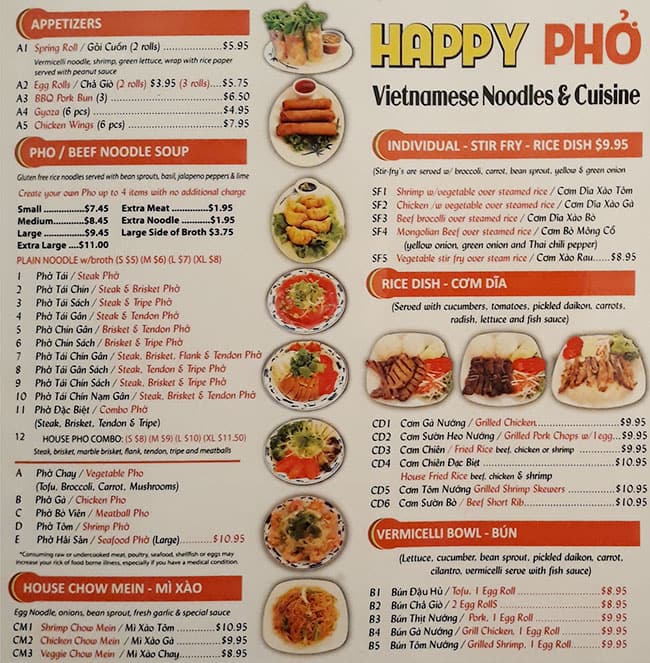 Menu at Pho Mai Noodles restaurant, Everett