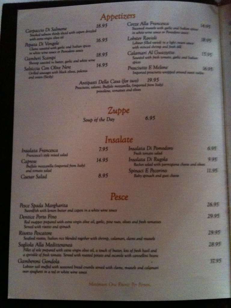 Villa Francesca Menu, Menu for Villa Francesca, North End, Boston