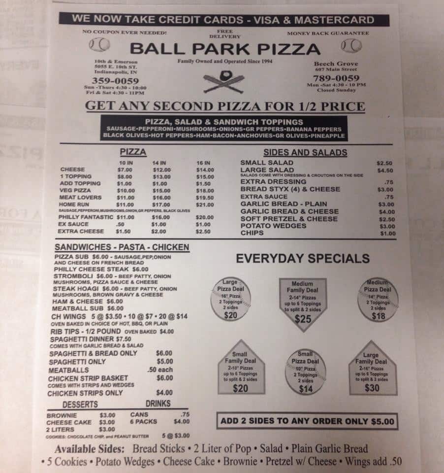 Ball Park Pizza & Eatery II Menu Urbanspoon/Zomato