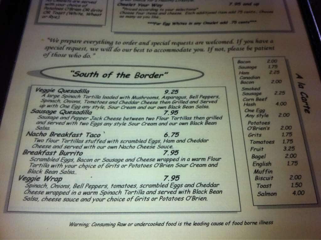 Menu at Ms. Carolyn's restaurant, Fernandina Beach