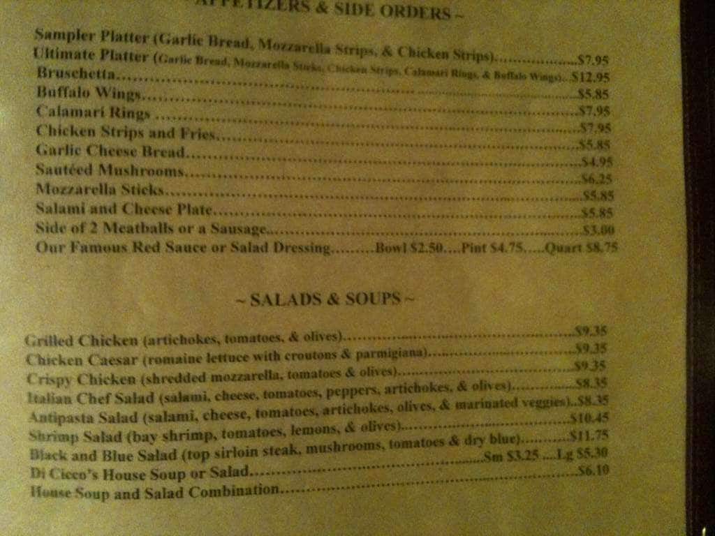 Menu at Dicicco's pizzeria, Fresno, E Kings Canyon Rd