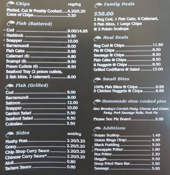 Menu at Brooks Traditional Fish and Chips restaurant, Victoria Point