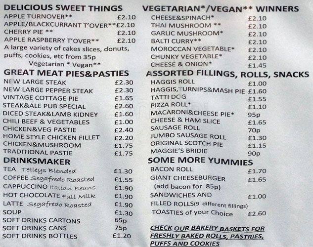 Menu at The Piemaker fast food, Edinburgh, 38 South Bridge