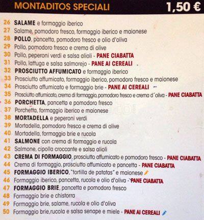 Menu di 100 Montaditos 