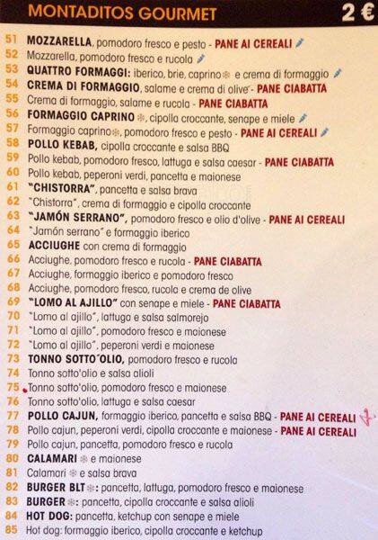 Menu di 100 Montaditos 
