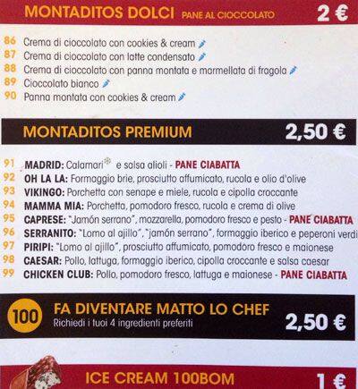 Menu di 100 Montaditos 