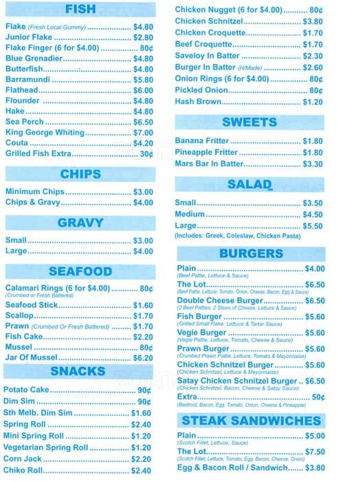 Yarra Valley Fish & Chips Menu - Urbanspoon/Zomato