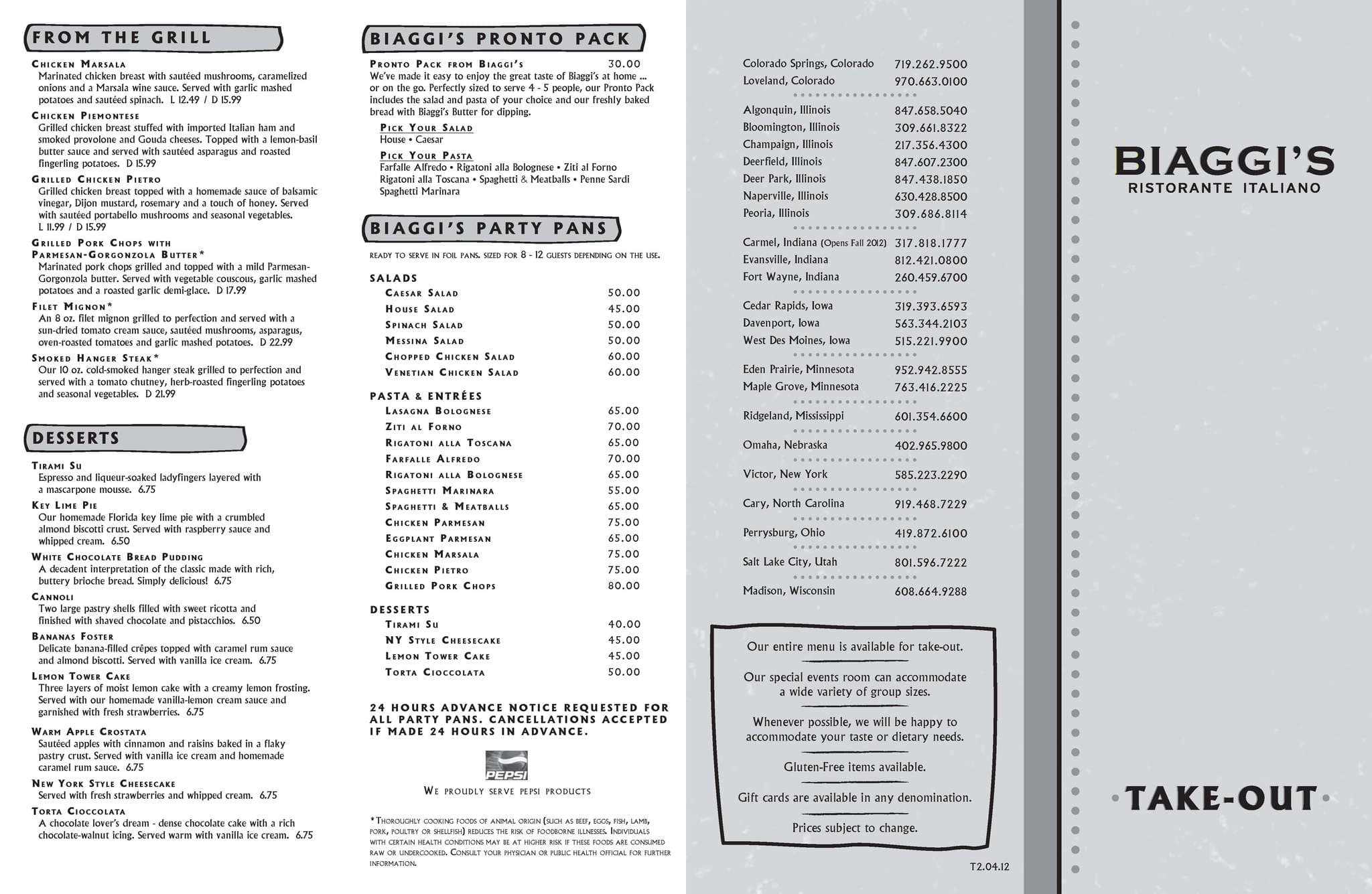 Menu at Biaggi's Ristorante Italiano restaurant, Deer Park