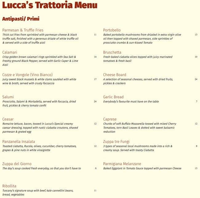 lucca's trattoria メニュー