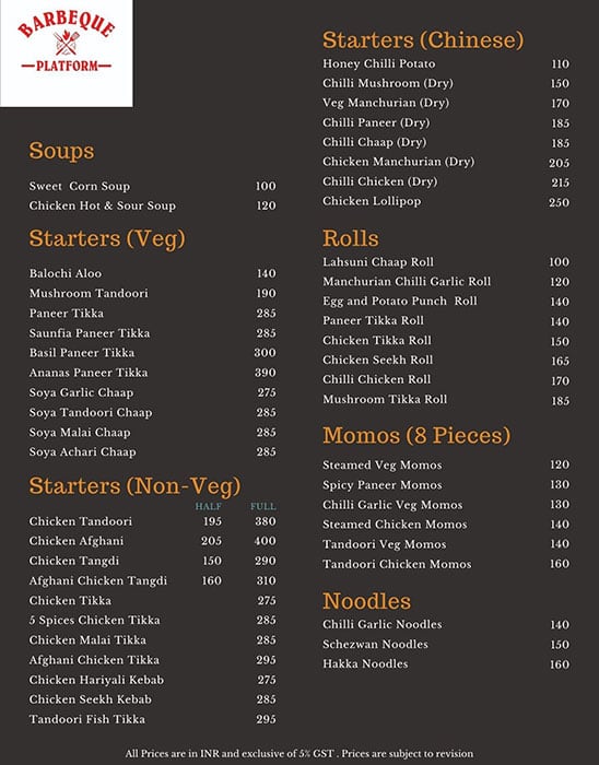 Menu Of Barbeque Platform, Okhla Phase 1, New Delhi