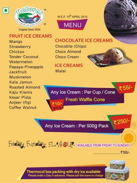 Natural Ice Cream Menu, Menu for Natural Ice Cream, Indiranagar