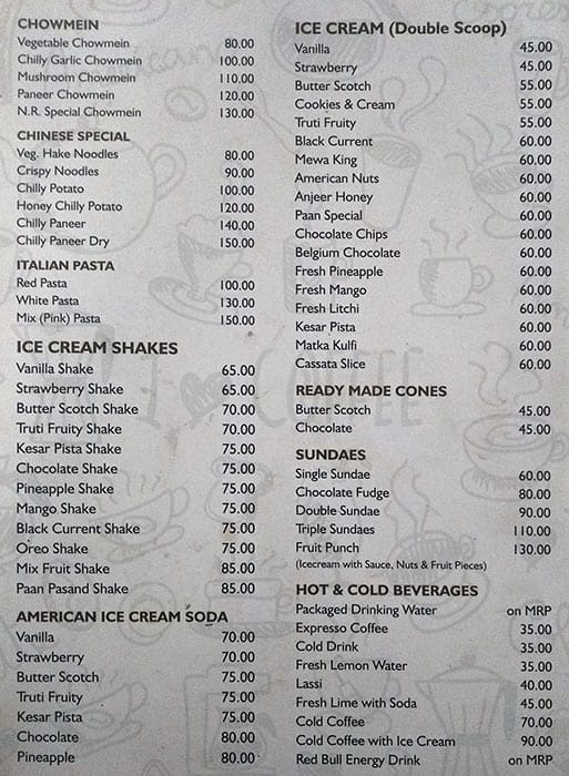 N.R. Ice Cream Parlour And Restaurant menu