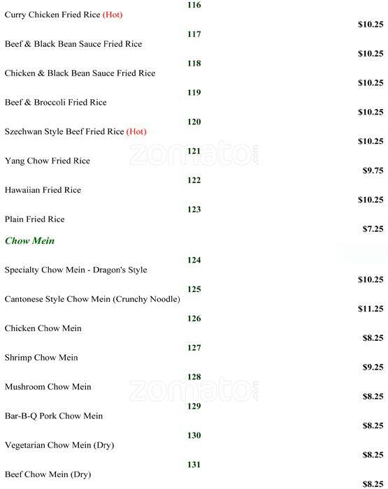 Menu at Dragon's Chop Suey House restaurant, Surrey