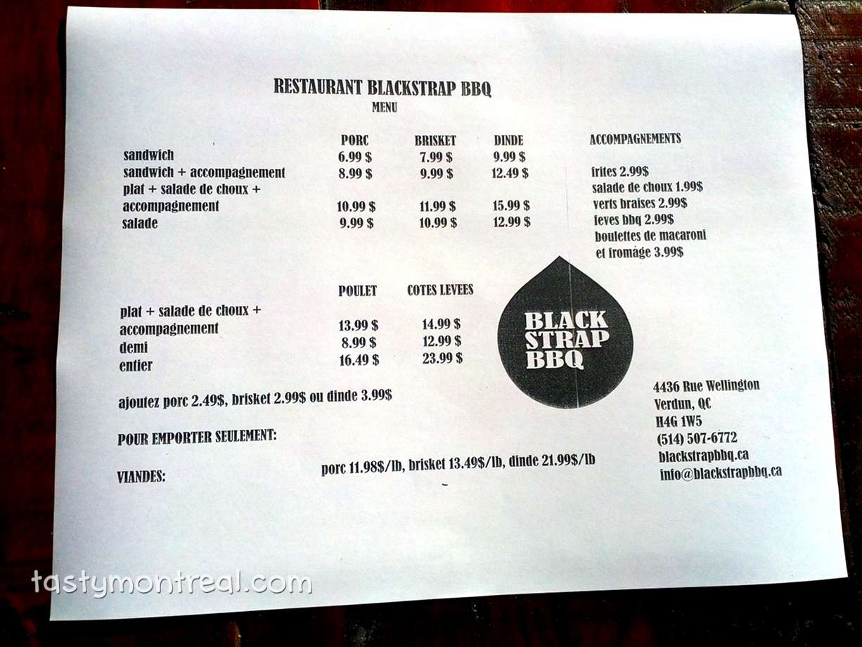 Blackstrap BBQ Menu, Menu for Blackstrap BBQ, Verdun, Montreal