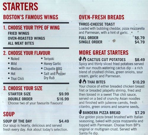 Boston Pizza Menu, Menu for Boston Pizza, Aylmer, Gatineau