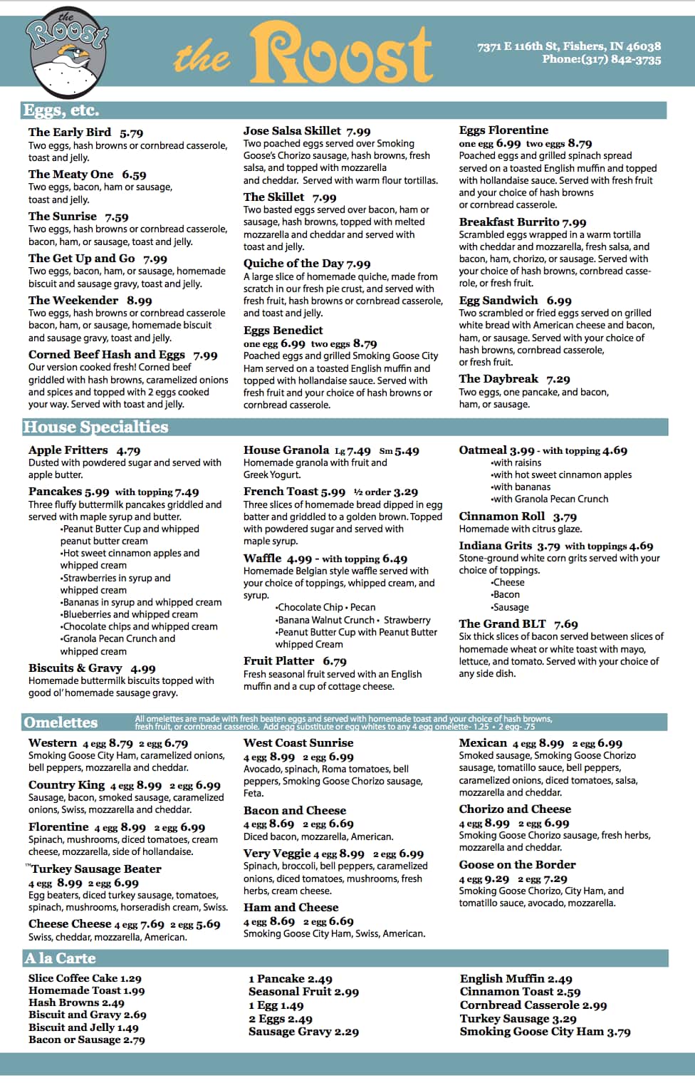 Menu at The Roost restaurant, Fishers, E 116th St