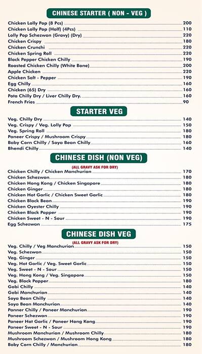 Menu of SRP Foods Chinese Corner, Chakala, Mumbai