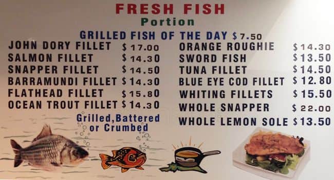 Carta de Basil's Gourmet Seafood Hunters Hill