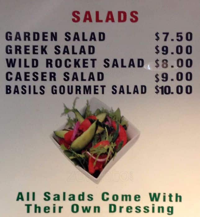 Carta de Basil's Gourmet Seafood Hunters Hill