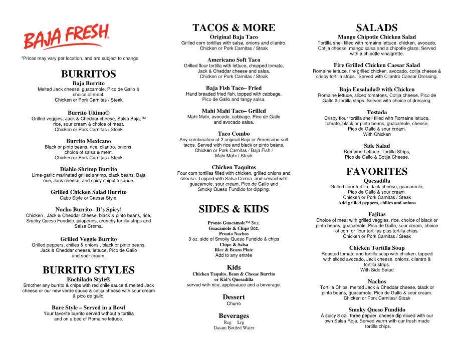 Baja Fresh Mexican Grill Menu, Menu for Baja Fresh Mexican Grill, Falls