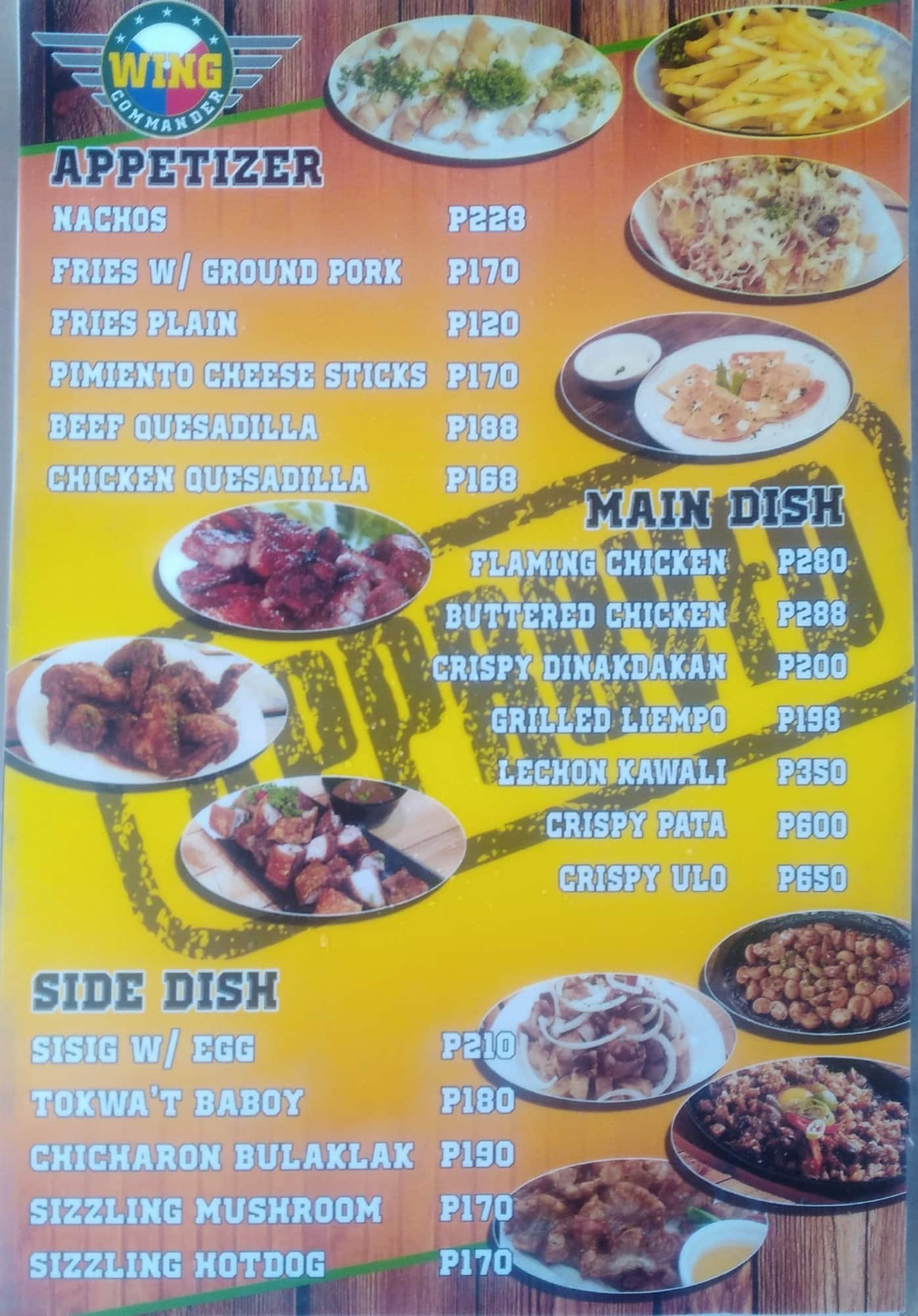 Menu at Wing Commander restaurant, Antipolo