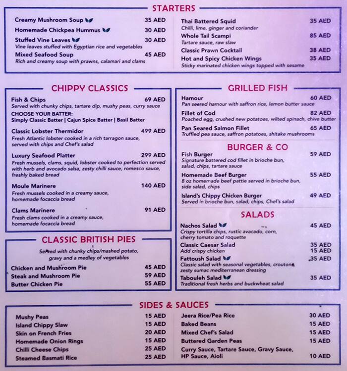 Menu of Island's Chippy, Bluewaters Island, Dubai