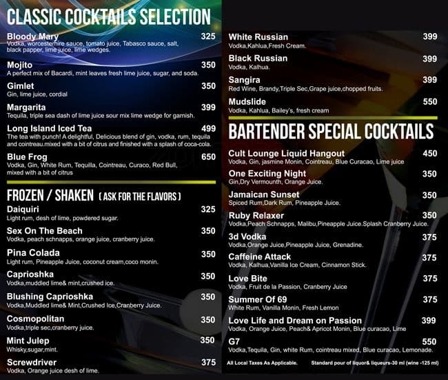 Menu at Cult Lounge, Navi Mumbai, Palm Beach Road