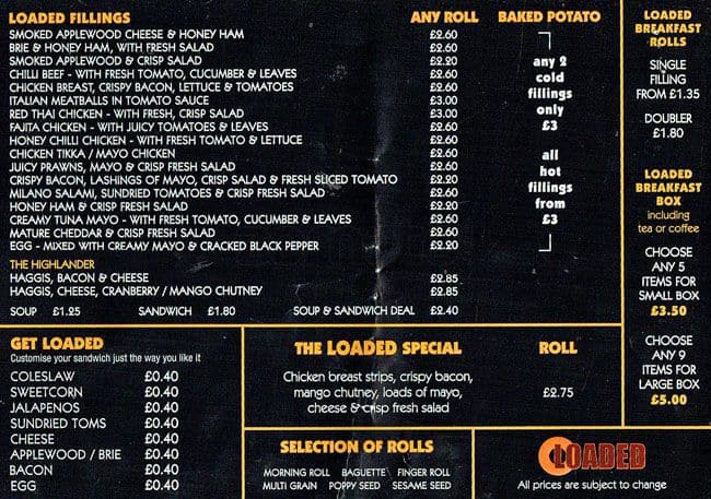 Loaded Sandwich Bar Menu Menu For Loaded Sandwich Bar Leith