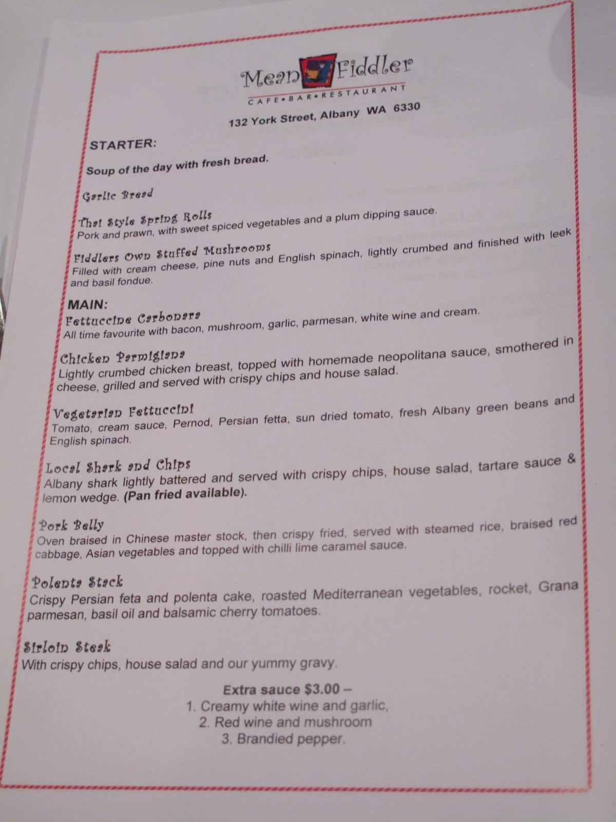 Menu at Mean Fiddler restaurant, Albany