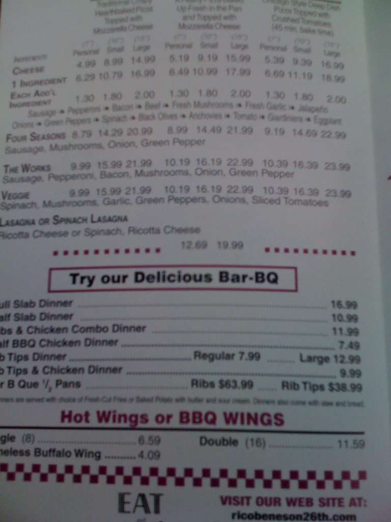 Menu at Ricobene's restaurant, Chicago, 252 W 26th St