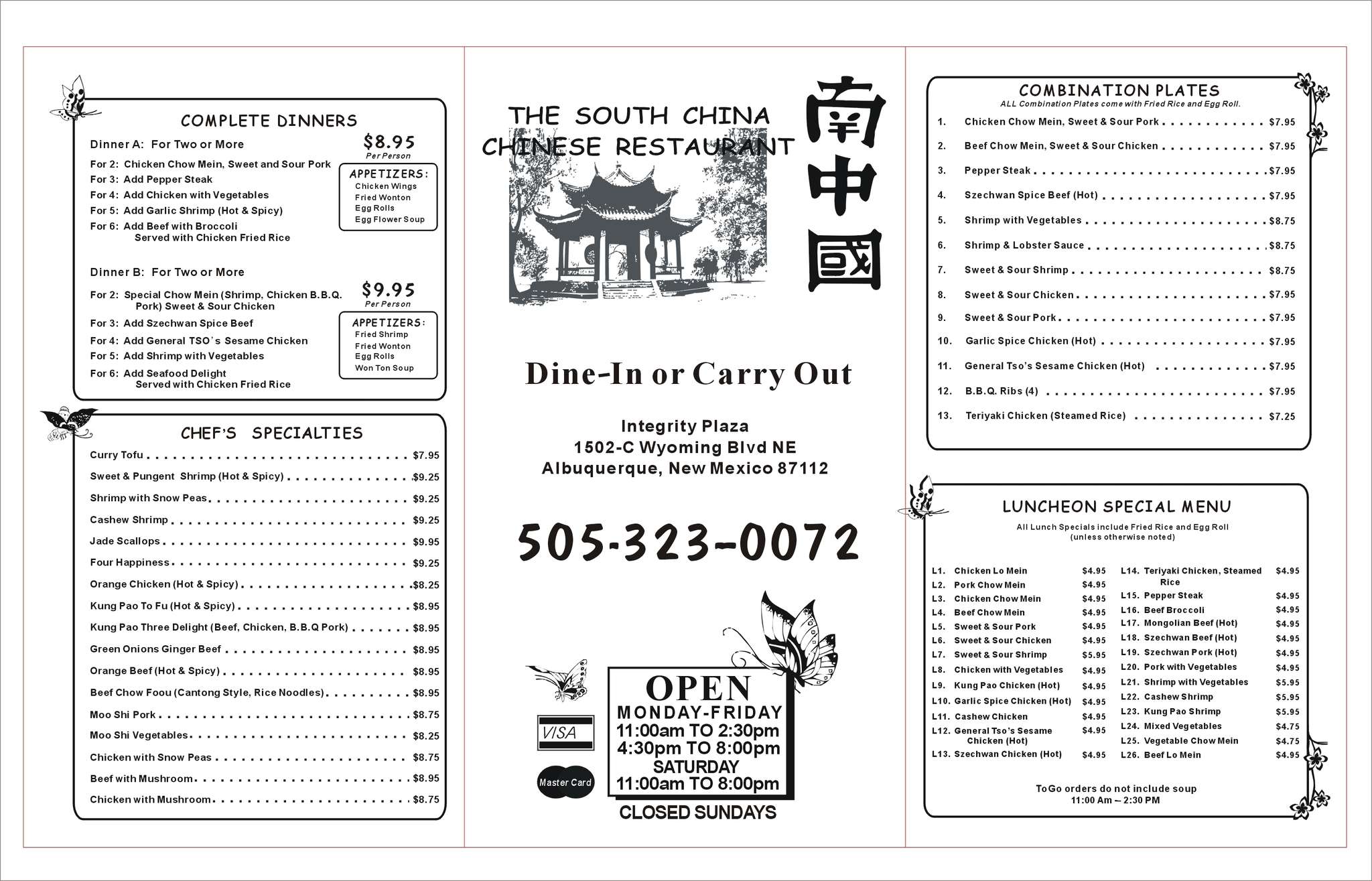 Menu at South China restaurant, Albuquerque