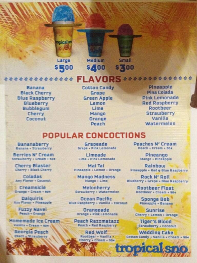 Tropical Sno Menu, Menu for Tropical Sno, Jonesboro, Jonesboro ...