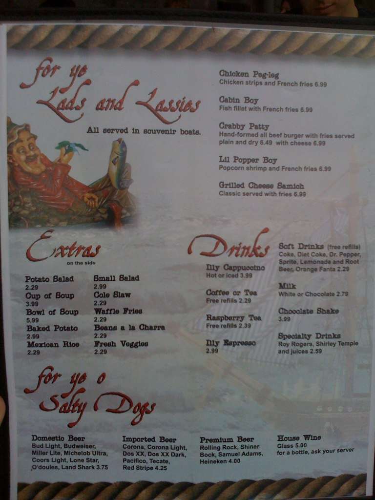 Menu at Pirate's Landing restaurant, Port Isabel