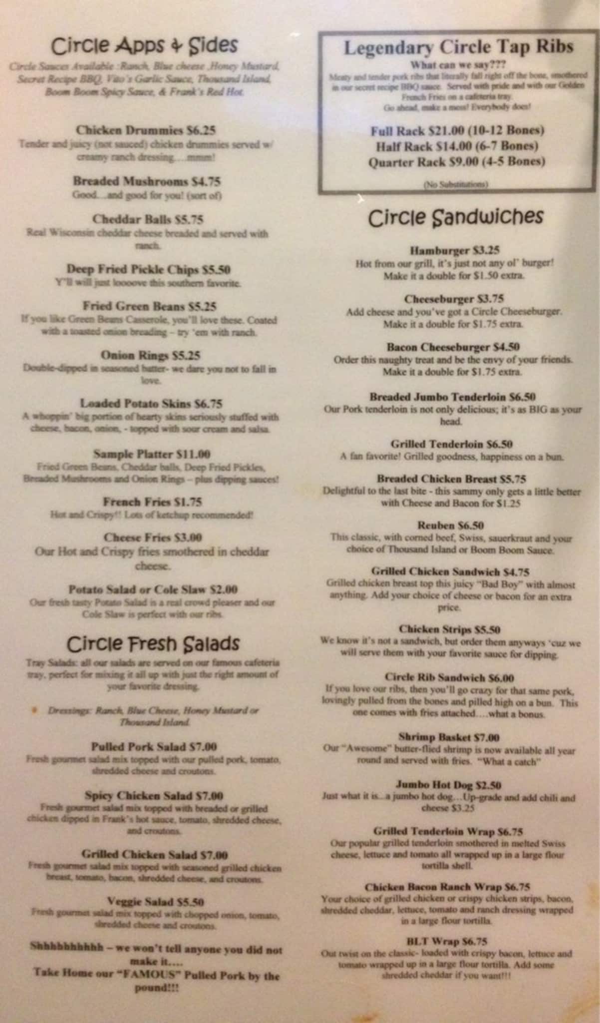 Menu at Circle Tap restaurant, Davenport