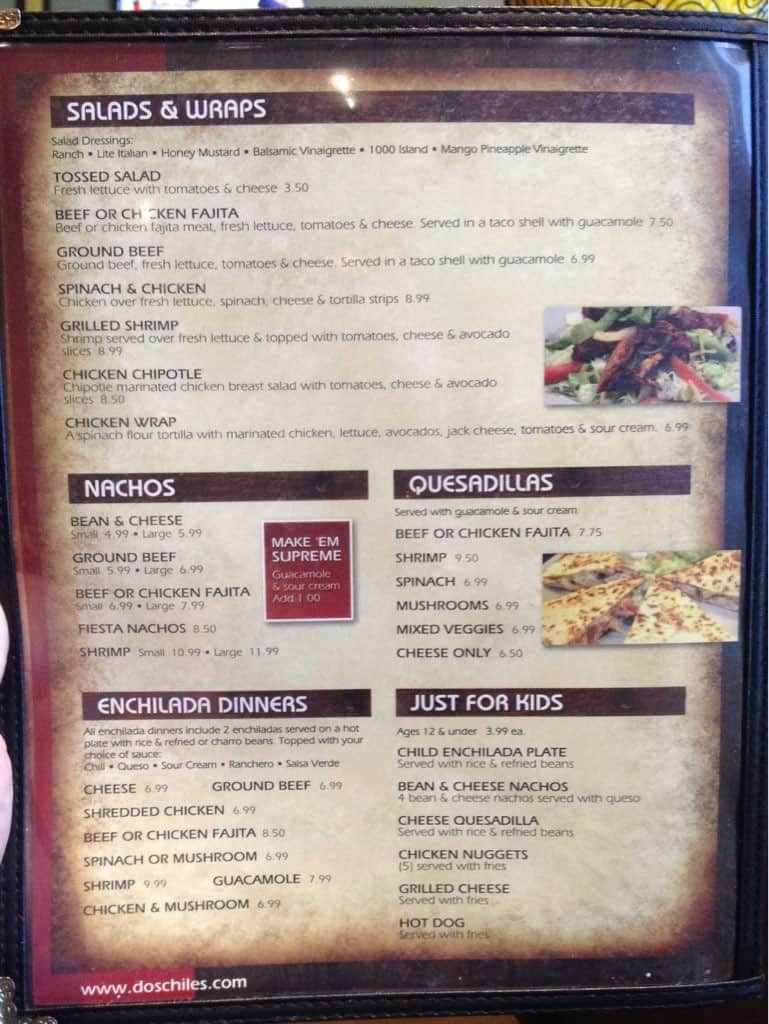 Menu at Dos Chiles restaurant, Bridgeport