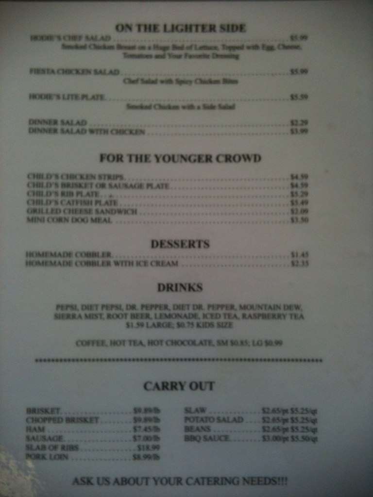 Menu at Hodie's BarBQ, Dalhart