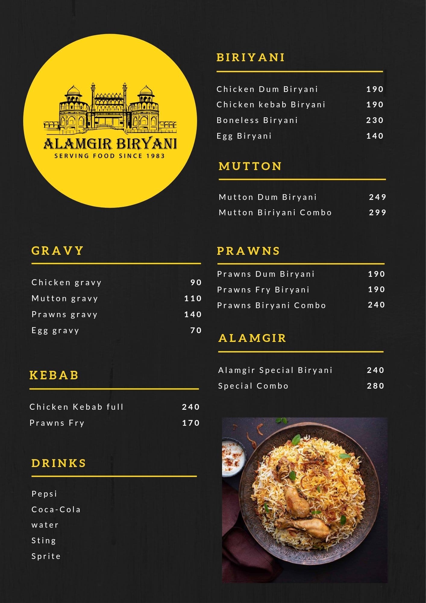 Menu Of Alamgir Biryani, Kammanahalli, Bangalore