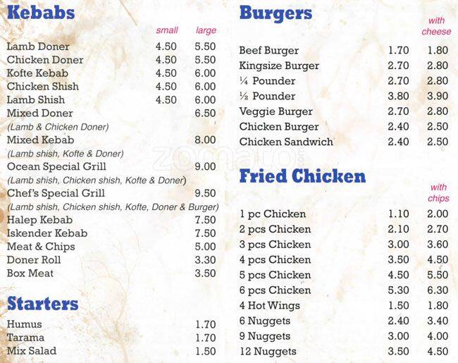 Menu at Ocean Fish Bar, London, 762 Lea Bridge Rd