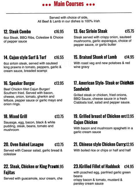 Menu At Speaker Connolly Pub & Bar, Dublin