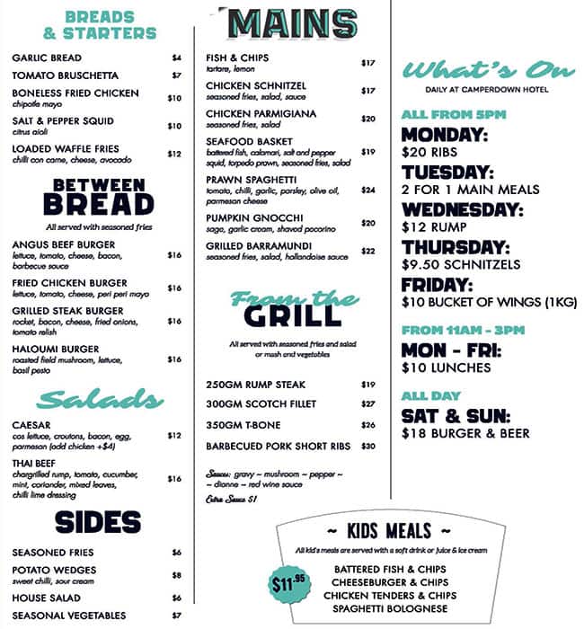 Menu at Camperdown Hotel pub & bar, Camperdown