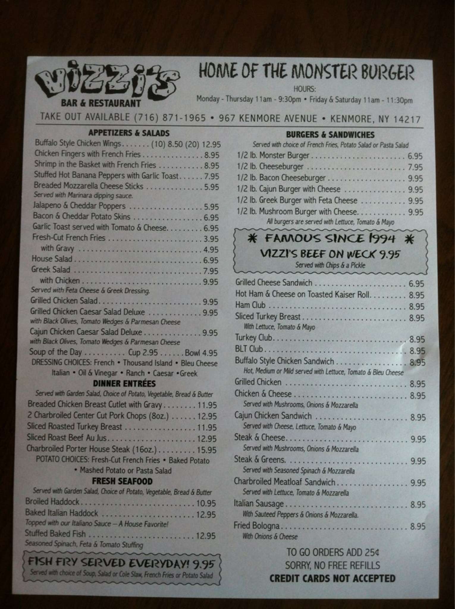 Menu at Vizzi's pub & bar, Kenmore
