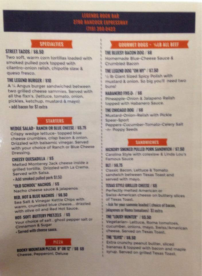 Legends Rock Bar Menu, Menu for Legends Rock Bar, Colorado Springs