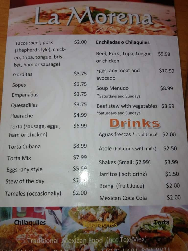 Carta del restaurante La Morena, Ridgeland