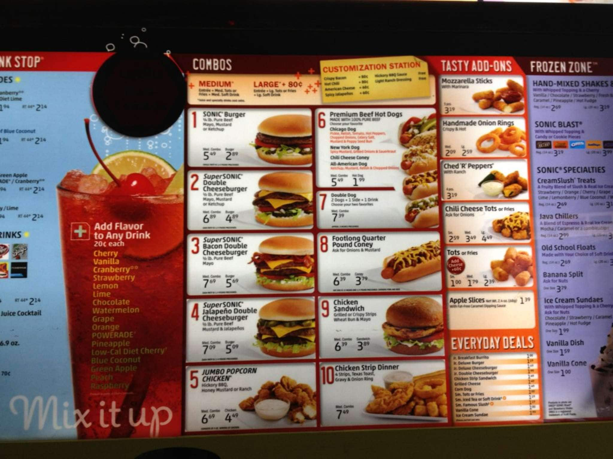 Sonic Drivein Menu, Menu for Sonic Drivein, San Angelo, San Angelo