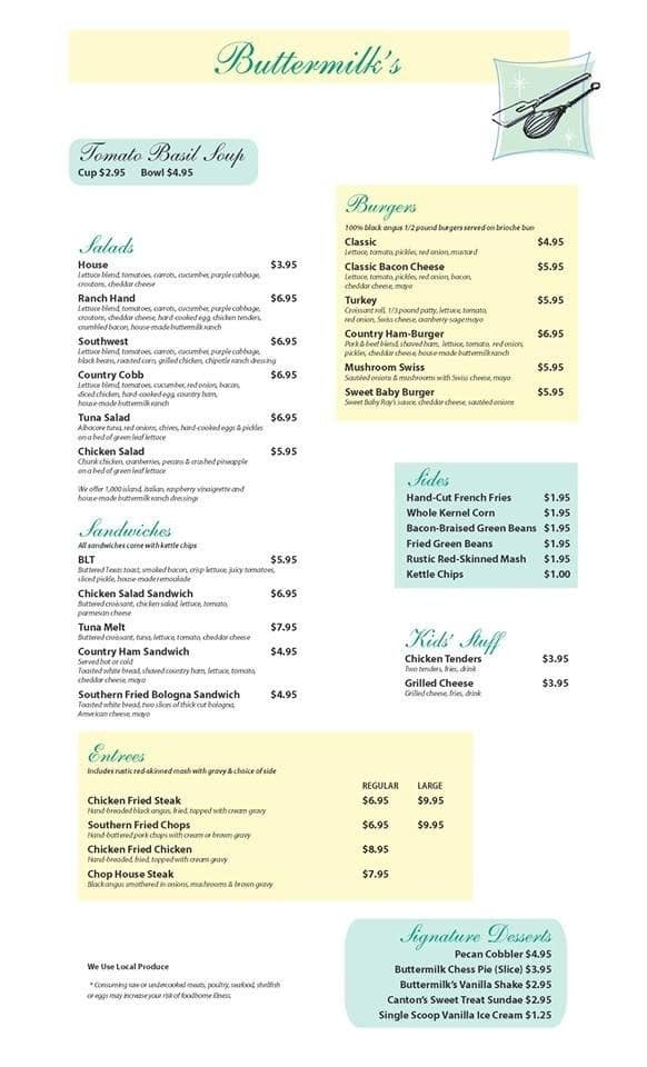 Buttermilk's Menu, Menu for Buttermilk's, Canton, Canton Urbanspoon
