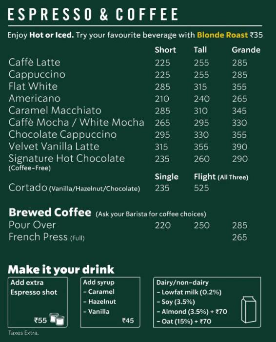 Starbucks menu